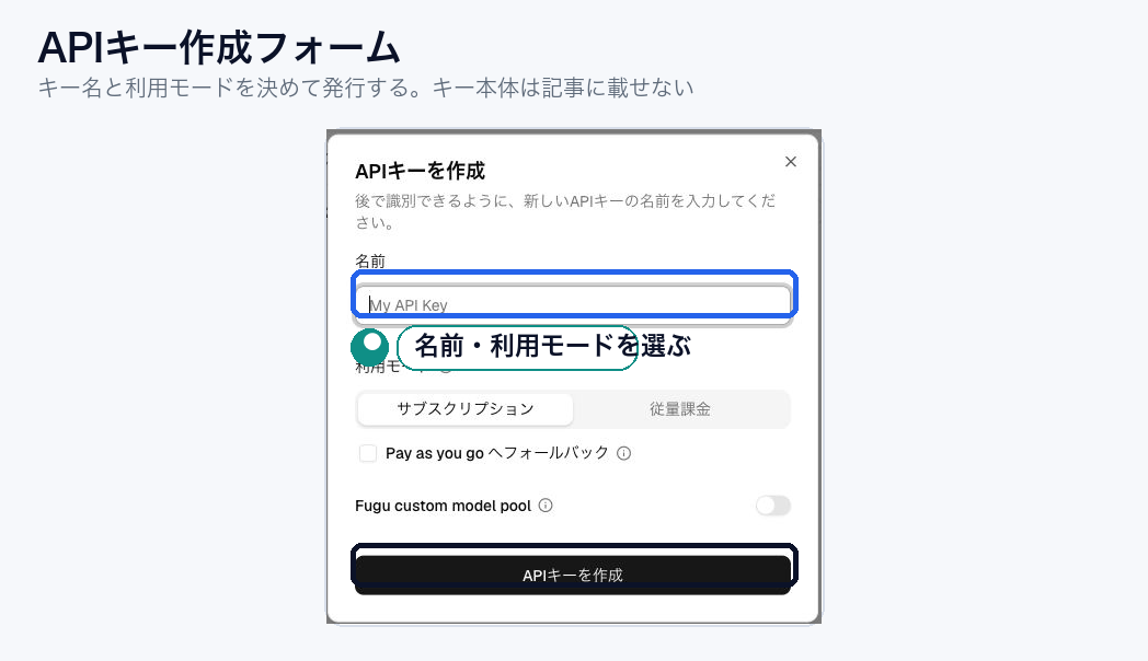 Sakana AI ConsoleのAPIキー作成フォームで名前と利用モードを選ぶ画面