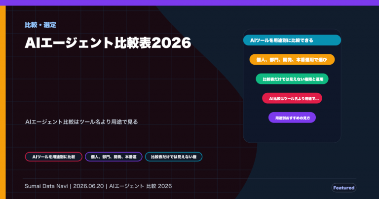AIエージェント比較表2026｜用途別おすすめツールのためにPptxGenJSの座標設計で作成したアイキャッチ画像