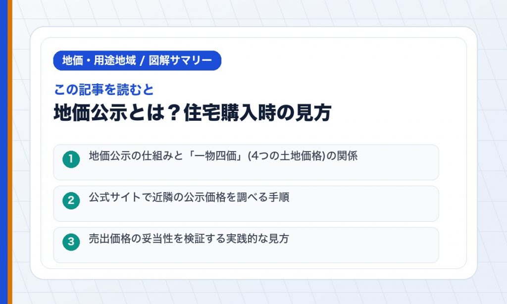 この記事を読むと: 地価公示の仕組みと「一物四価」(4つの土地価格)の関係 / 公式サイトで近隣の公示価格を調べる手順 / 売出価格の妥当性を検証する実践的な見方