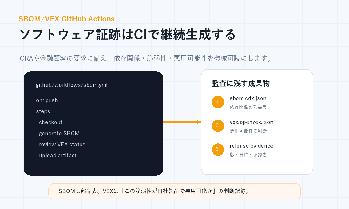 GitHub ActionsでSBOMとVEXを継続生成し監査証跡にする流れの図解