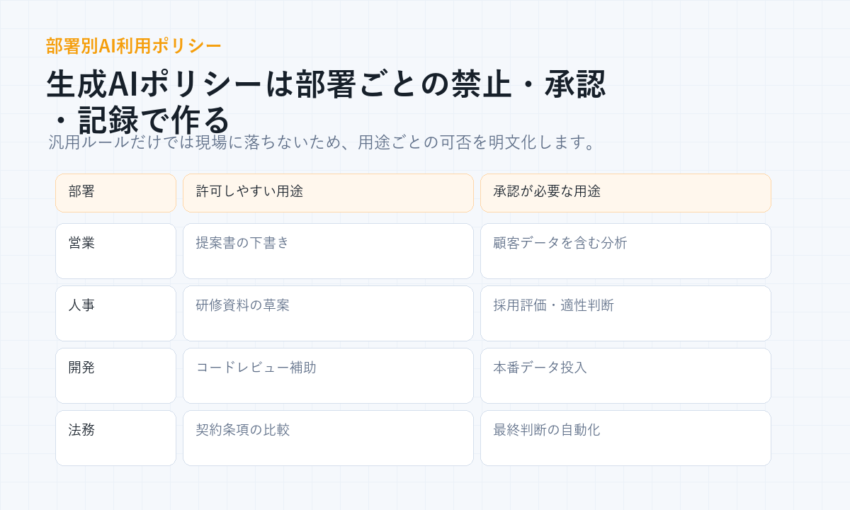 生成AI利用ポリシーを営業、人事、開発、法務の部署別に整理した表