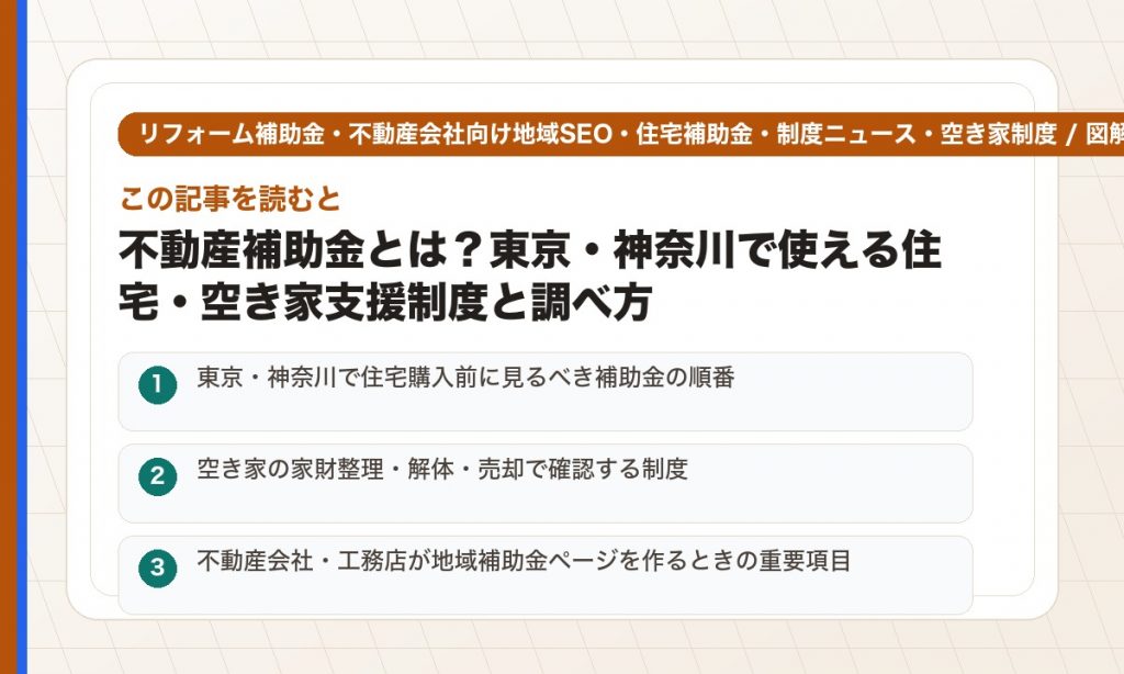 この記事を読むと: 東京・神奈川で住宅購入前に見るべき補助金の順番 / 空き家の家財整理・解体・売却で確認する制度 / 不動産会社・工務店が地域補助金ページを作るときの重要項目
