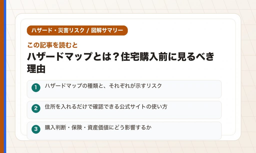 この記事を読むと: ハザードマップの種類と、それぞれが示すリスク / 住所を入れるだけで確認できる公式サイトの使い方 / 購入判断・保険・資産価値にどう影響するか