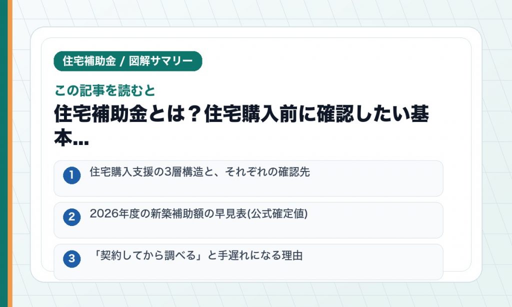 この記事を読むと: 住宅購入支援の3層構造と、それぞれの確認先 / 2026年度の新築補助額の早見表(公式確定値) / 「契約してから調べる」と手遅れになる理由