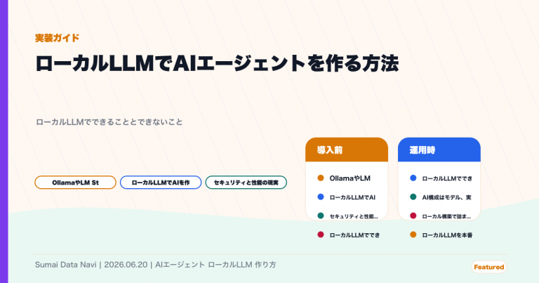 ローカルLLMでAIエージェントを作る方法｜Ollama入門のためにPptxGenJSの座標設計で作成したアイキャッチ画像