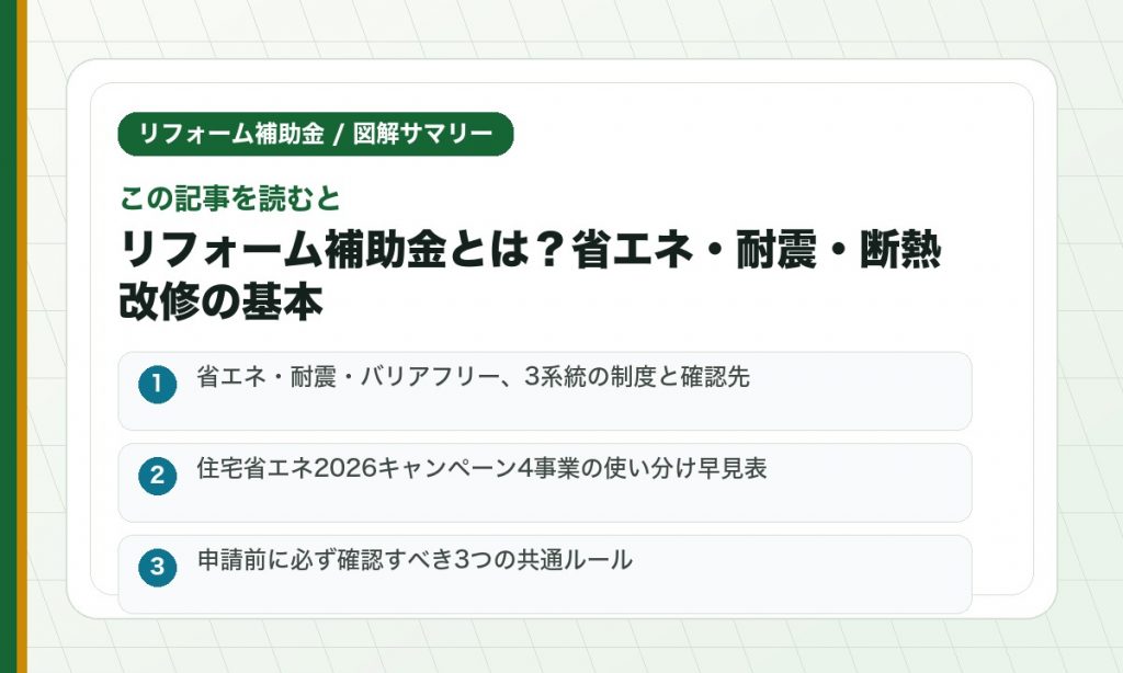 この記事を読むと: 省エネ・耐震・バリアフリー、3系統の制度と確認先 / 住宅省エネ2026キャンペーン4事業の使い分け早見表 / 申請前に必ず確認すべき3つの共通ルール