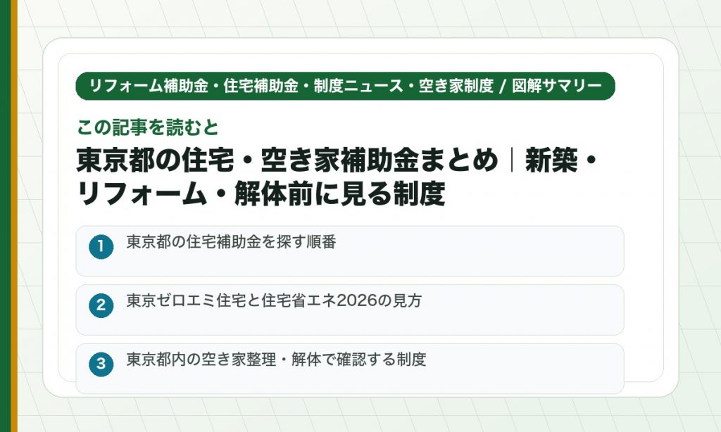 この記事を読むと: 東京都の住宅補助金を探す順番 / 東京ゼロエミ住宅と住宅省エネ2026の見方 / 東京都内の空き家整理・解体で確認する制度